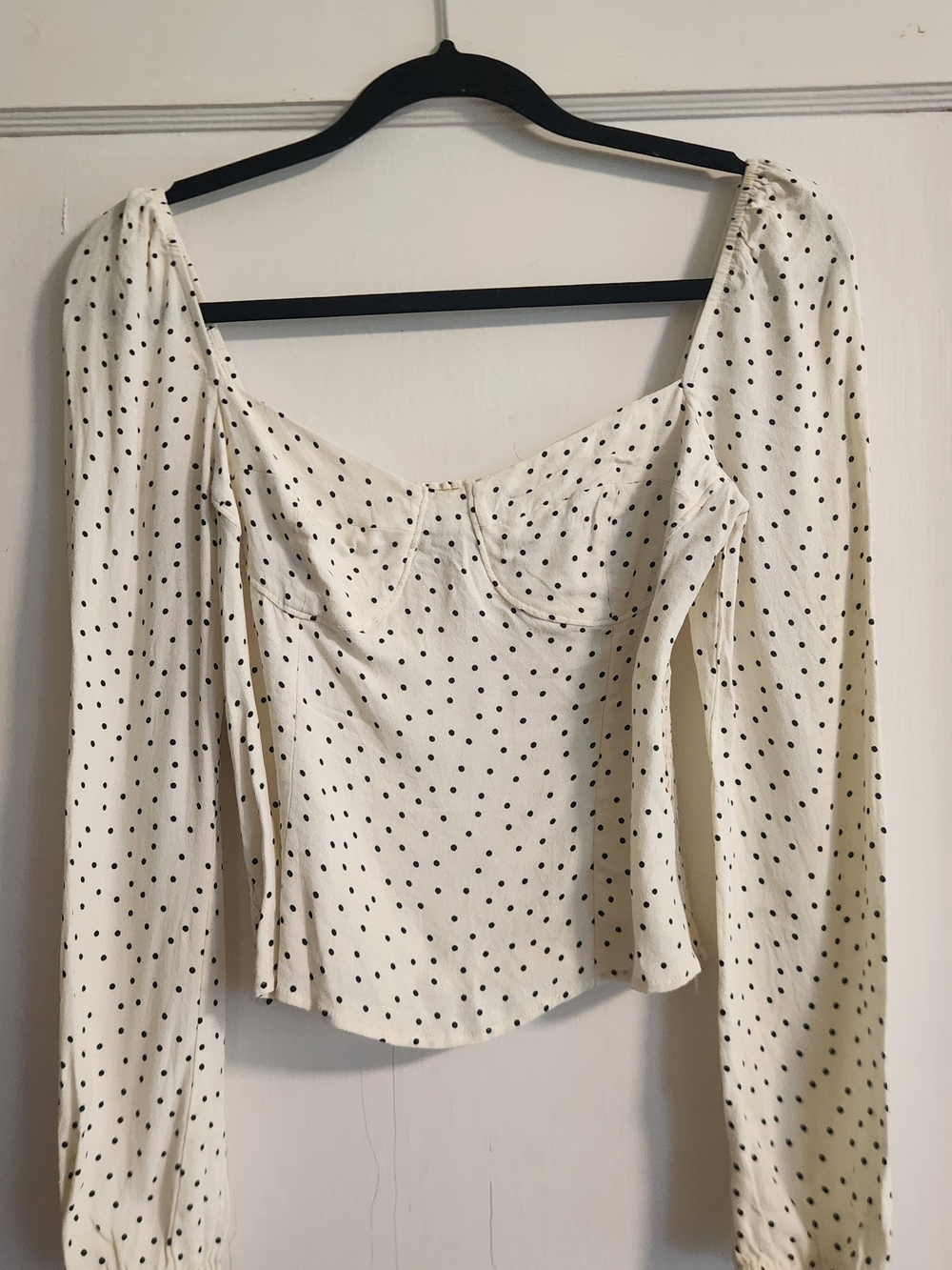 Reformation Cream and Black Polka Dot Sweetheart Long-Sleeve Top